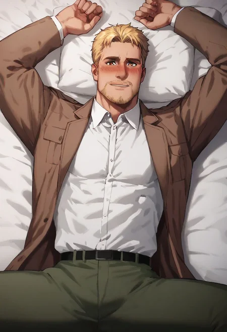 score_9, score_8_up, score_7_up, (solo man), Reiner Braun, blond hair, short hair, stubble, facial hair, hazel eyes, upper body, (lying on bed, on back, spread legs), masculine, handsome, charming, alluring, slight smile, lustful, blush, perfect eyes, (white collared shirt, military green pants, open fly), ((widely open brown trench coat, long sleeves)), black socks, perfect anatomy, perfect proportions, perfecteyes, arm rised
