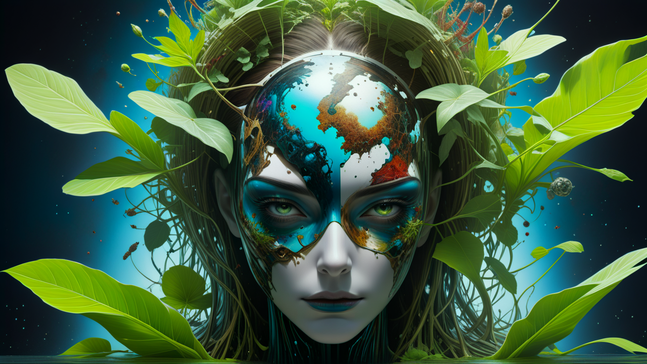 plant,masterpiece,best quality, <lora:SandraChevrierXL:0.8>,sachr style,futuristic,religious,aesthetic warpaint,8k,awardwinning,glowing features,trending on artstation,wallpaper,16:9 aspect ratio,trending on artstation and deviantart, messy,abstract,<lora:add-detail-xl:1>,very detailed,cinematic,alberto seveso and Peter Mohrbacher
