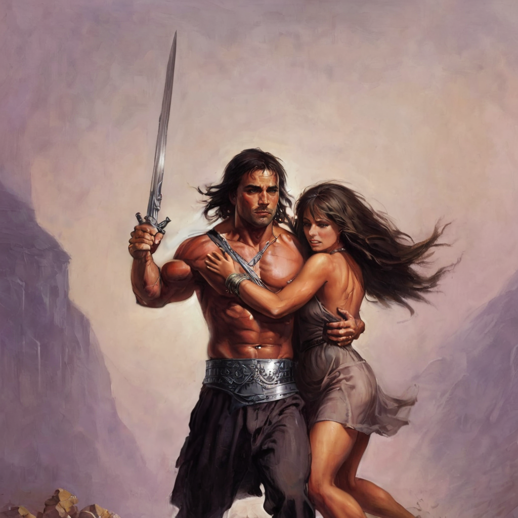 <lora:k3nk3lly:0.75>k3nk3lly man with sword in hand with woman in his arms