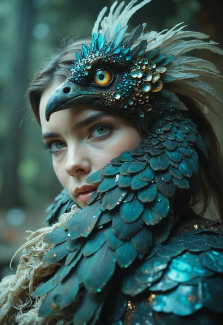 iphone photo photorealistic (full body shot:1.9) photography of a woman (facing the viewer:1.5) who has covered her (entire body:1.5) b10t4c34an iridescent bird feathers, . large depth of field, deep depth of field, highly detailed