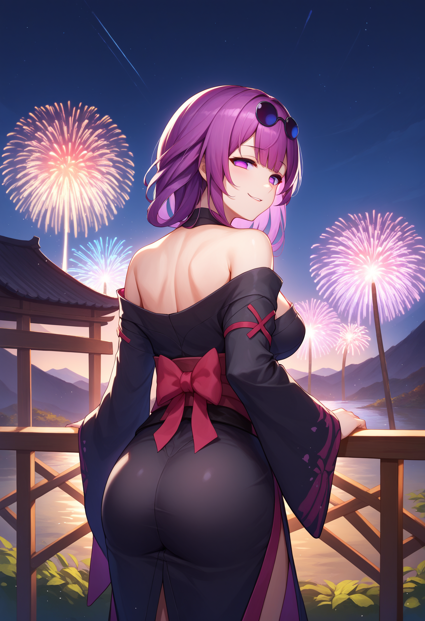 score_9, score_8_up, score_7_up, detailed, BREAK 1girl, solo, kafmoommy, purple eyes, no pupils, purple hair, medium hair, large breasts, eyewear on head, <lora:KafkaPDXL_V1-Manityro-CAME:1.0>,
outdoors, night, dark, fireworks, river,
looking at viewer, looking back, smug, cowboy shot, rear view,
black kimono, off-shoulder kimono,