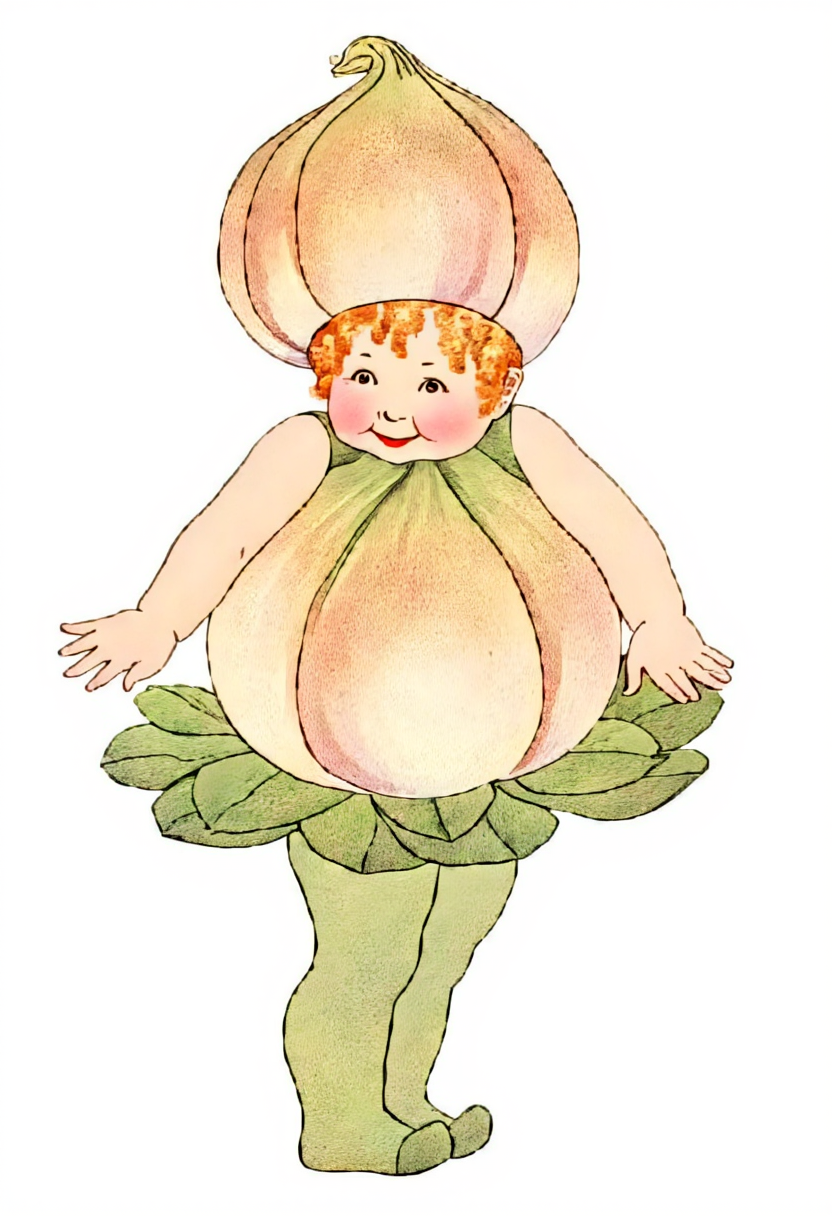 illustration of a child dressed as a turnip, earthkids style