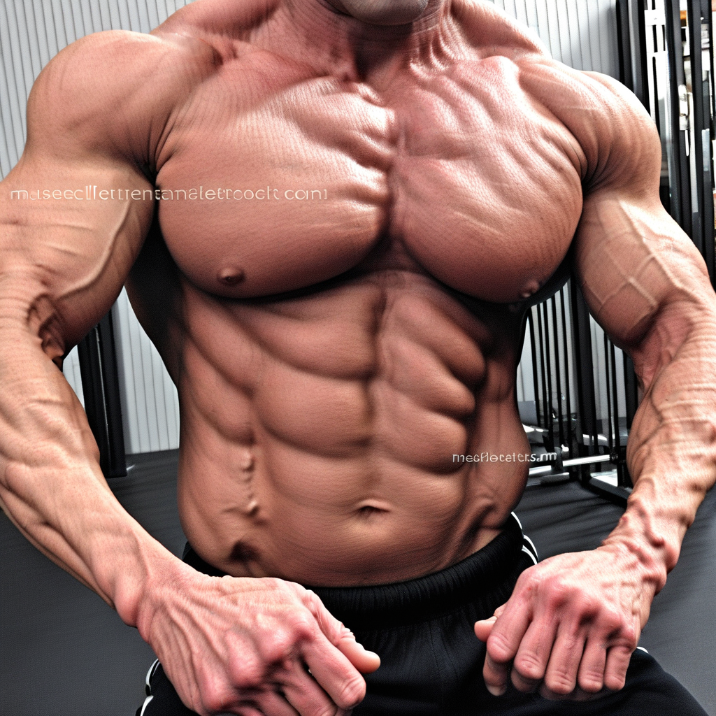 A bodybuilder in a close-up shot showing his muscular chest and arms.