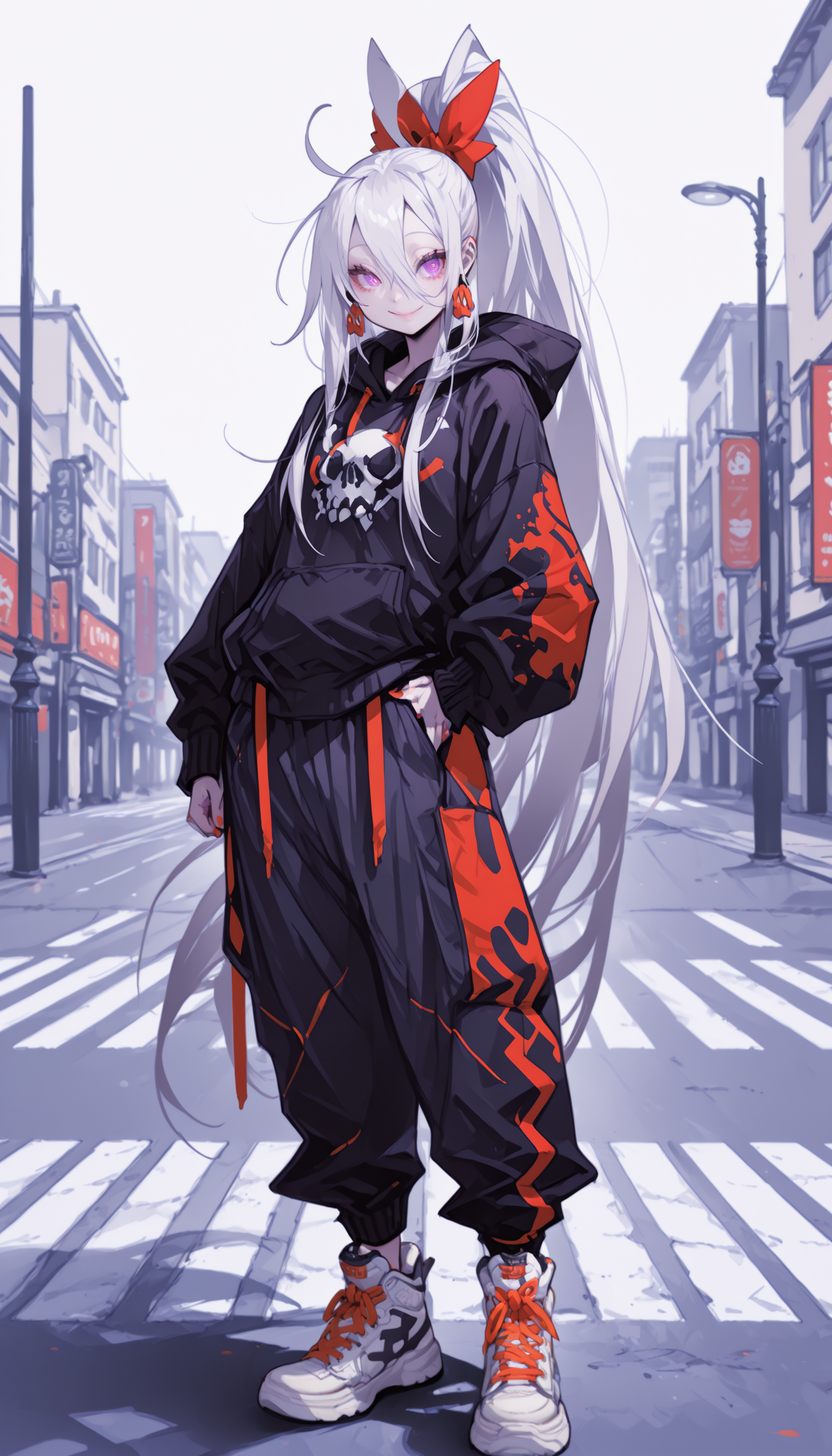 5mjmW masterpiece, best quality, good quality, very aesthetic, absurdres, newest, 8K, depth of field, focused subject,  Create a vivid illustration of a young girl with long, flowing white hair and a striking red bow, standing in an urban setting. She is dressed in a black hoodie with a white skull graphic and red flames on the sleeves, paired with black pants and beige sneakers with orange laces. The girl's pose is confident and poised, with one hand resting on her hip and the other slightly raised. The background showcases a city street with tall buildings, a lamppost, and a crosswalk. The color palette is dominated by cool tones, with the girl's hair and bow standing out against the muted colors of the surroundings. The image is a full body shot, taken from a frontview angle. 1girl, solo, long_hair, smile, long_sleeves, bow, hair_between_eyes, closed_mouth, jewelry, very_long_hair, standing, purple_eyes, full_body, white_hair, ahoge, ponytail, hair_bow, outdoors, earrings, shoes, pants, hood, nail_polish, red_bow, hoodie, shadow, black_pants, white_footwear, hood_down, sneakers, red_nails, black_hoodie, skull_print, 5mjmW