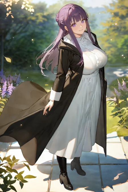 masterpiece, best quality, very aesthetic, ray tracing, newest,(hitenkei, askzy:0.5), 1girl, fern \(sousou no frieren\), solo, black coat, long white dress, black boots, full body, standing, looking at viewer, smiling, garden, outdoors, depth of field, milf, large breasts, mature female <lora:quality1:0:hr=1>, <lora:Char-Fern-XL-V1:0.9>