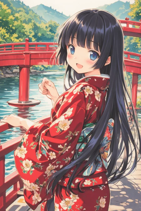 1girl,solo,japanese clothes,looking at viewer,blue eyes,smile,long hair,hime cut,black hair,open mouth,kimono,wide sleeves,bangs,outdoors,sash,tree,long sleeves,blush,obi,:d,floral print,day,bow,red kimono,water,railing,bridge,from side,looking back,standing,looking to the side,traditional media,<lora:Hinata Takeda_XL:0.8>,
