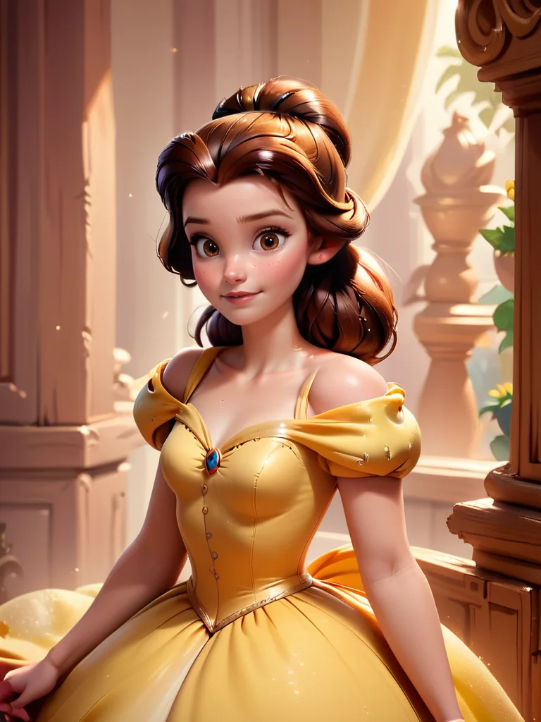 score_9, score_8_up, score_7_up, princess dress, belle, 1girl, looking at viewer, blush, smile, brown hair, bare shoulders, brown eyes, medium breasts, indoors, arm support, freckles,
<lora:princess_rc_pony_v2:1>