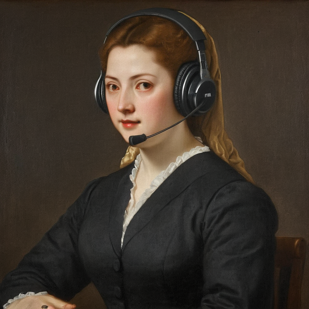 Painting of detailed of office lady with headset AH_Titian   <lora:Paintings_by_Titian_-_Venetian_Renaissance:1>