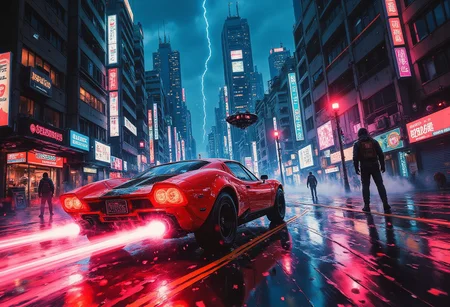 A vibrant cyberpunk dystopian cityscape, pulsating with neon reds, electric cyans, and tungsten clashes against the oppressive darkness of a sprawling urban jungle. Towering skyscrapers loom overhead, their glass facades glowing with glitching holograms and flickering signs. At street level, chaos erupts: a high-speed chase barrels through rain-soaked alleys, illuminated by the erratic glow of broken streetlights and hovering drones. The sleek, aerodynamic vehicle in the foreground skids around a street, its glossy surface reflecting bursts of neon light. Its rear leaves streaks of red and violet energy in its wake, creating a haunting contrast against the shadows.
Behind, ominous enforcement units hover—angular, black machines emitting piercing red searchlights, their mechanical hums pulsing like a heartbeat of dread. Light particles and water bubbles float mid-air in surreal slow motion as the chase cuts through the tense, rain-drenched streets. Shadowy figures lurk in the periphery, their distorted silhouettes barely visible in the dim alleyways and balconies, evoking unease. The sky above fractures with streaks of lightning, casting molten shadows across the city. The atmosphere is thick with tension, the hum of power lines, and the distant wail of distorted sirens. A story of desperation and relentless pursuit unfolds in a neon-soaked nightmare of confrontation and defiance.best quality,color contrast,cinematic,highres,glow,sharp focus,clear,long exposure,