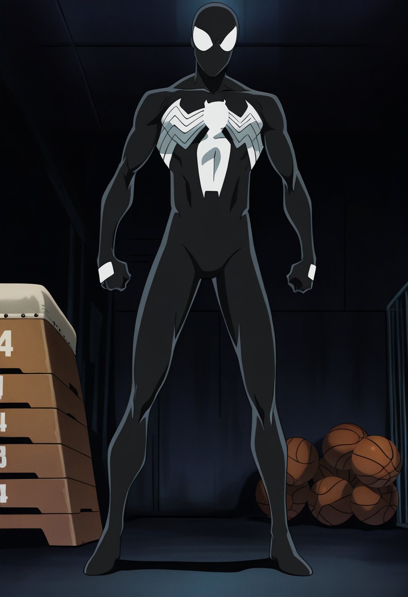 anime screencap, anime coloring, masterpiece, best quality, amazing quality, absurdres, wide shot, full body shot, male focus, 1boy, solo, black bodysuit, mask, superhero, muscular, white eyes,
indoors, industrial, gym_storeroom, dark_theme,fca style