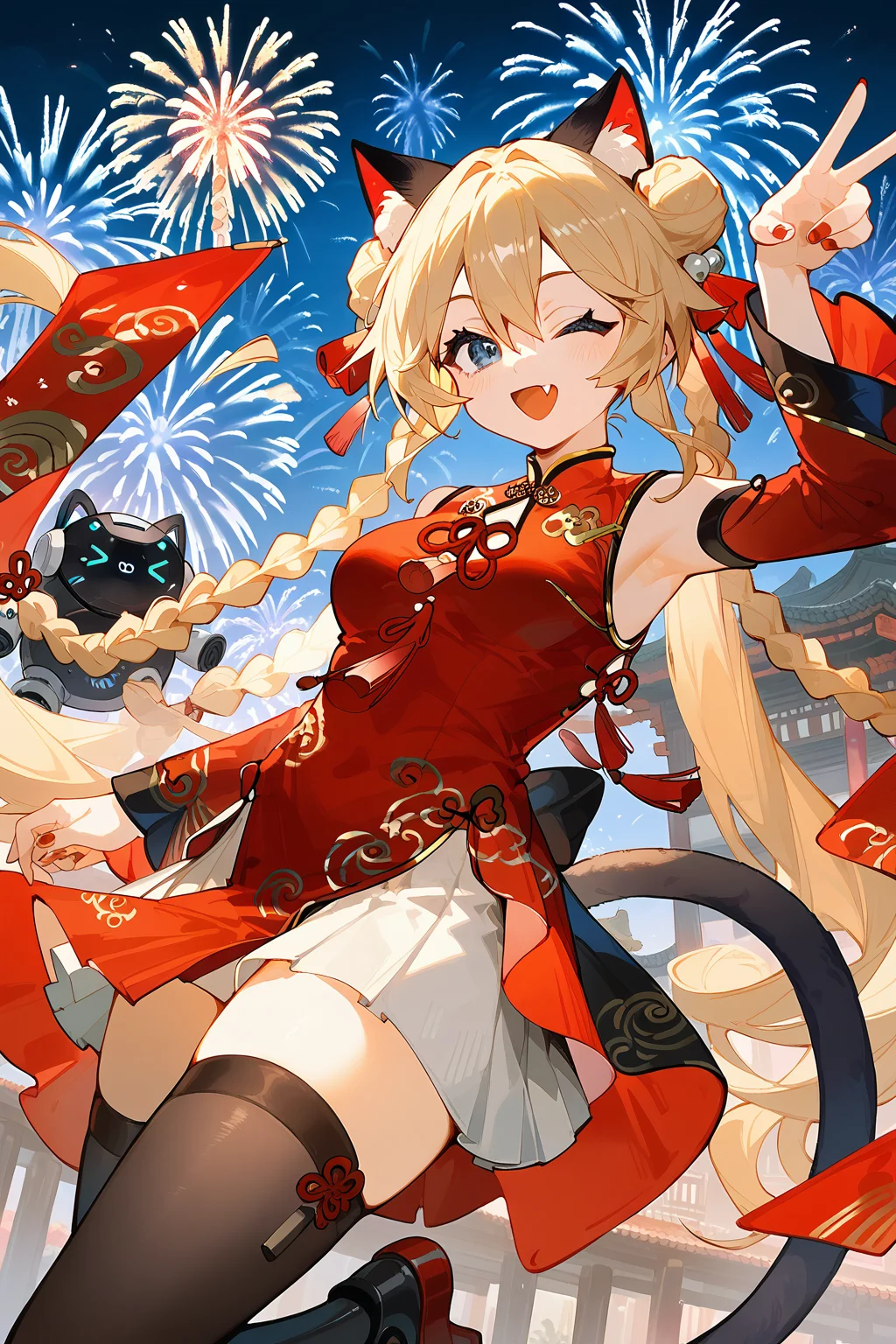 (score_9,score_8_up,score_7_up),<lora:Michele(kalabiqiu)-v1:1>,Michele(kalabiqiu),1girl,fireworks,animal ears,one eye closed,long hair,braid,breasts,blonde hair,cat ears,tail,blue eyes,armpits,smile,solo,double bun,looking at viewer,detached sleeves,hair bun,twin braids,open mouth,cat tail,red nails,nail polish,chinese new year,very long hair,dress,fang,skirt,;d,chinese clothes,clothing cutout,bangs,arm up,night,robot,pleated skirt,medium breasts,hair between eyes,thighhighs,aerial fireworks,white skirt,
good feet,anime,NSFW,expressive,amazing quality,ultra hd 32k,