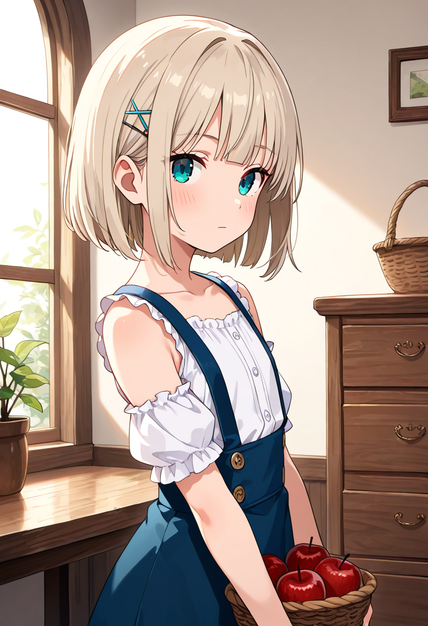 masterpiece, best quality, absurdres, very aesthetic, general,
1girl, solo, hair ornament, looking at viewer, indoors, short hair, hairclip, blue eyes, window, blush, bare shoulders, bangs, plant, closed mouth, basket, collarbone, off shoulder, white shirt, holding basket, detached sleeves, puffy short sleeves, blonde hair, suspenders, flat chest, blunt bangs, upper body, sunlight, suspender skirt, frills, standing, drawer, puffy sleeves, aqua eyes, sleeveless dress, eyebrows visible through hair, blue skirt, apple, cowboy shot, overalls, bob cut, light brown hair, table, high-waist skirt, expressionless, platinum blonde hair, eyelashes, cabinet, hairpin, chest of drawers, buttons, sleeveless shirt, eyebrows behind hair, from side, pinafore dress, white blouse, x hair ornament, sidelocks,