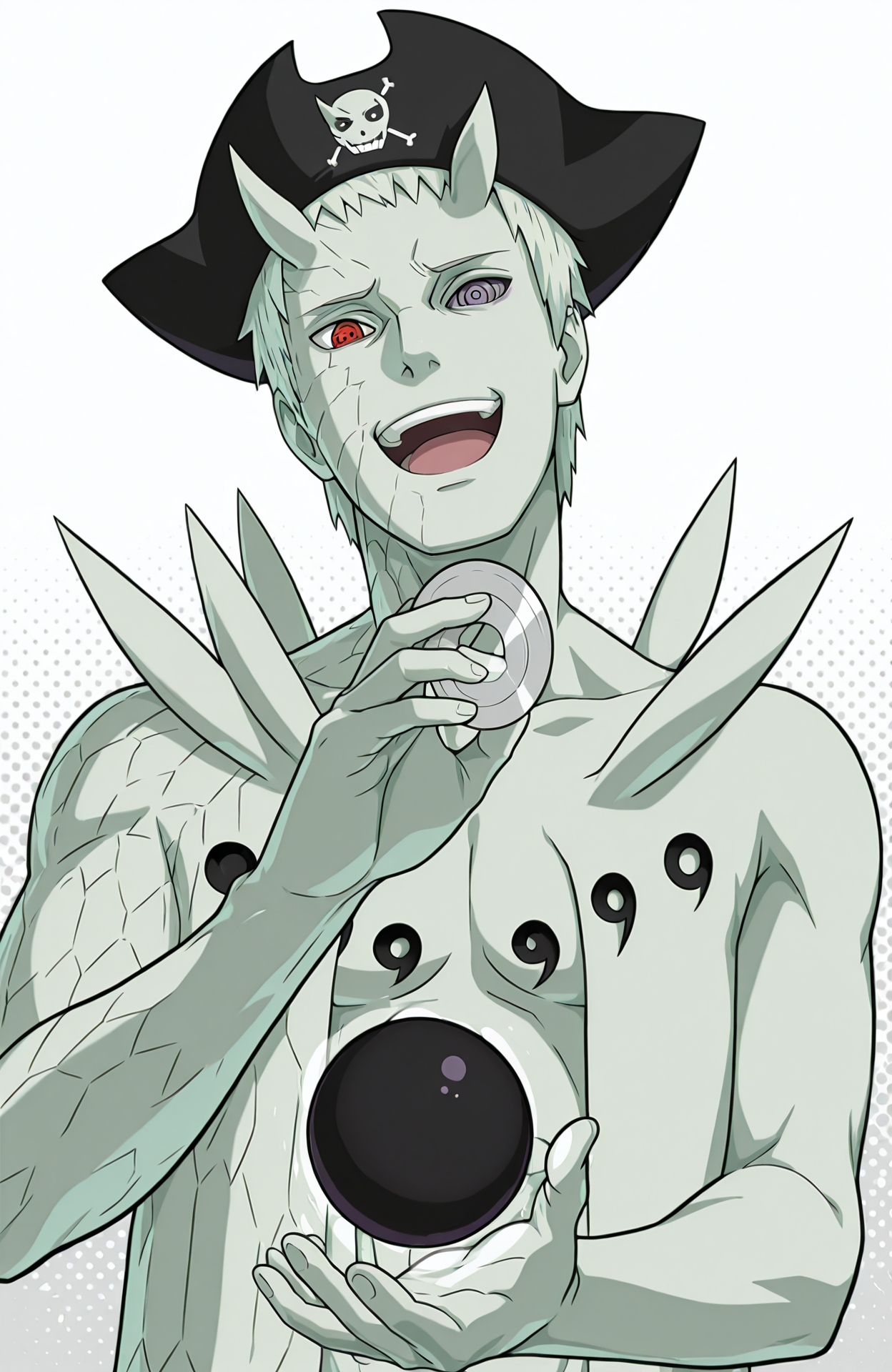 tricore, pirate hat, vector graphics, simple background, halftone background, thick white background, head tilt, laughing, holding cd, dvd, hand up, orb behind hand, hand_hole, r50_ob1t0, rinnegan, sharingan, 
masterpiece, best quality,
<lora:Juubito_X6E13:1.0>