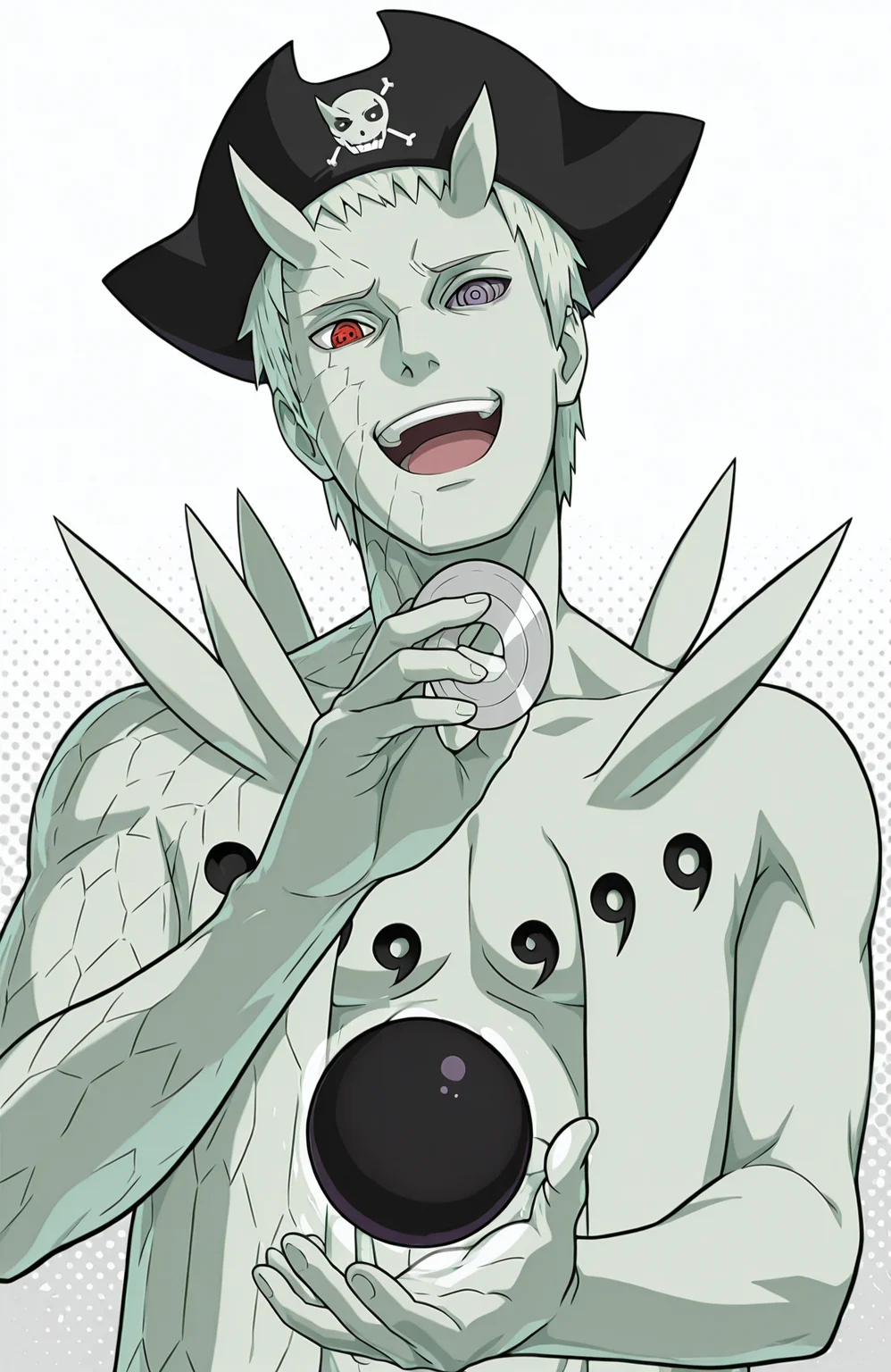 tricore, pirate hat, vector graphics, simple background, halftone background, thick white background, head tilt, laughing, holding cd, dvd, hand up, orb behind hand, hand_hole, r50_ob1t0, rinnegan, sharingan,
masterpiece, best quality,
<lora:Juubito_X6E13:1.0>