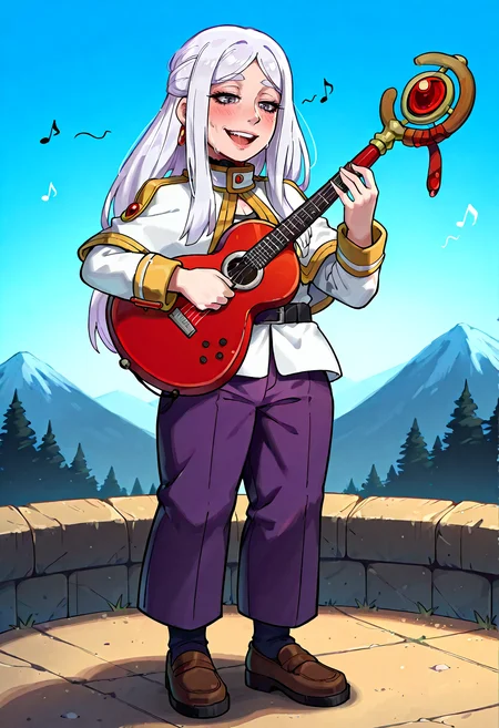 IllustriousQual, <lora:StS-Illustrious-Detail-Slider-v1.0:2> <lora:cfg_scale_boost:0.3> <lora:StS_Age_Slider_Illustrious_v1:3>,detailed_background,outdoors,1girl,capelet,holding guitar,mage staff,alternate costume,white jacket,loafers,tensei shitara slime datta ken,frieren \(cosplay\),eyelashes,striped clothes,white shirt,1other,highres,shoes,holding staff,smile,rimuru tempest,high collar,weezer \(band\),red gemstone,making faces,standing,shirt,heart,jacket,solo,open mouth,machipachi1901,holding instrument,long hair,belt,album cover,musical note,white capelet,purple pants,upper body,holding,black belt,sousou no frieren,frieren