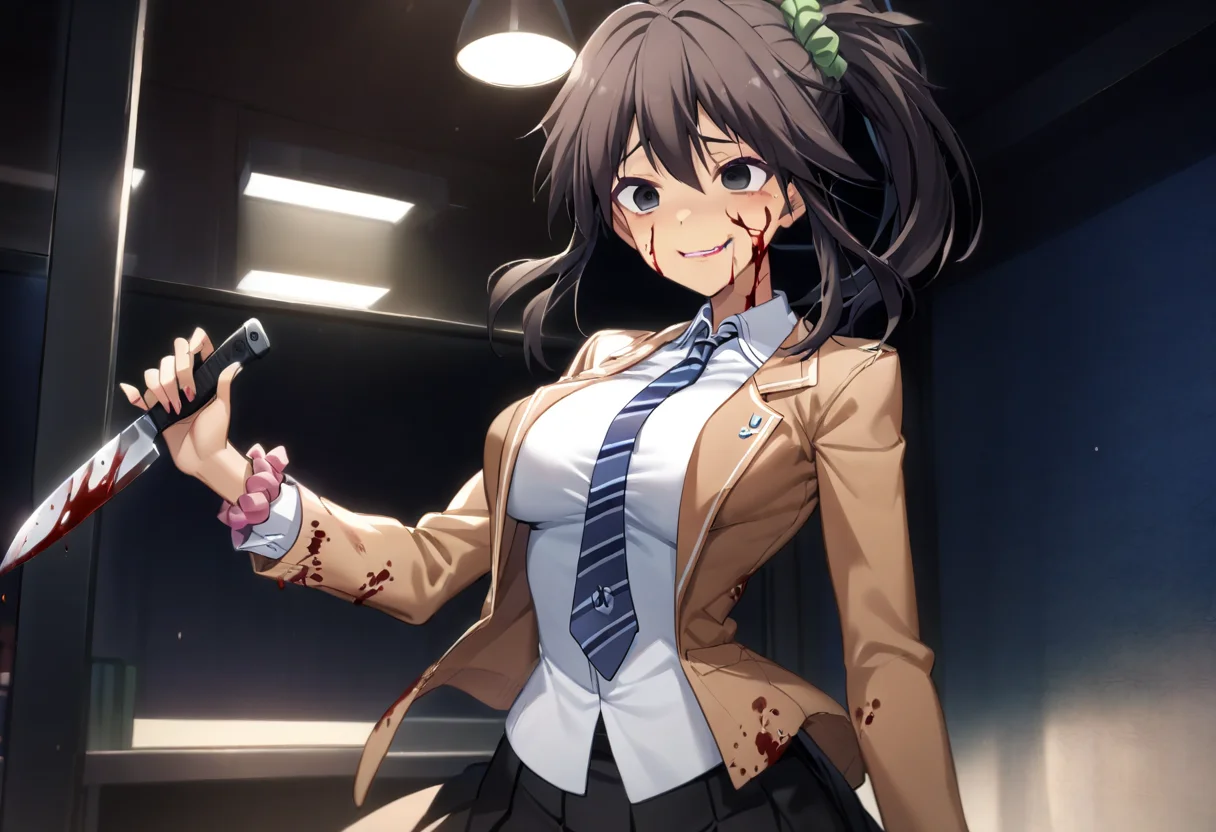 1girl, yuzuri\(memories off 8\), solo, brown hair, black eyes, ponytail, one side up, indoors, standing, kaioka brown blazer school uniform, black pleated skirt, blue striped necktie, pink wrist scrunchie, green hairscrunchie, crazy smile, empty eyes, holding knife, (blood on face, blood on clothes, blood on knife:1.2), masterpiece, best quality, very aesthetic, absurdres, highres, 4k, 8k, intricate detail, cinematic lighting, wallpaper, <lora:aesthetic_anime_v1s:1>, <lora:yuzuri-1.3:1>