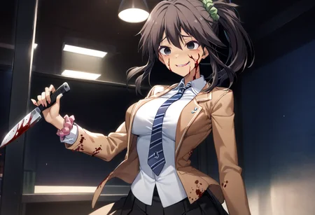 1girl, yuzuri\(memories off 8\), solo, brown hair, black eyes, ponytail, one side up, indoors, standing, kaioka brown blazer school uniform, black pleated skirt, blue striped necktie, pink wrist scrunchie, green hairscrunchie, crazy smile, empty eyes, holding knife, (blood on face, blood on clothes, blood on knife:1.2), masterpiece, best quality, very aesthetic, absurdres, highres, 4k, 8k, intricate detail, cinematic lighting, wallpaper, <lora:aesthetic_anime_v1s:1>, <lora:yuzuri-1.3:1>