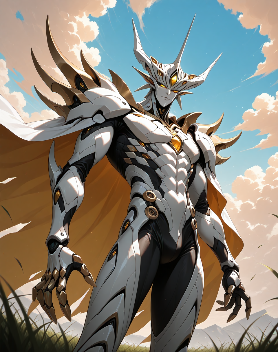 perfect depth of field shot, masterpiece, beautiful, sharp focus, crisp details, 
<lora:Zoalord_(Guyver)_(Illustrious)_(AD):1> Zoalord, Guyver, monster, <lora:gs_style_ilxl:0.15> highres, absurdres, <lora:flat_sdxl:0.5>, <lora:Smooth_Booster_v2:0.15>, <lora:cheats:0.35>, <lora:cfg_scale_boost:0.15>, <lora:0d28507d-6abc-443d-9c00-5f399ab8c7eb.TA_trained:0.15>, <lora:Masterpiece_Style_Art:0.15>, <lora:gs_style_ilxl:0.15> highres, absurdres, <lora:TrendCraft_The_Peoples_Style_Detailer-v2.1A-3_12_2025-SDXL:0.15>, <lora:StS-Illustrious-Detail-Slider-v1.0:1.5>, 
exterior, science fiction, high science fiction, deep blue sky with anime clouds, deep valleys, soft anime style background, verdant grasslands in the background, spectacular vistas, 
dynamic action, dynamic perspective, dutch angle, bent knee, cowboy shot, low angle shot, 
((blue and white and yellow colored body, wearing a voluminous flowing cape, ):1.5), glowing red eyes, solo, bioboosted body, biomechanical, end boss, perfect form, perfect proportions, abs, regal and strong, handsome facial features, imposing, presence demands respect and deference, vain, lips, gradient style anime coloring,   
BREAK Smooth Quality, IllusP0s, lazyhand, lazympos, lazynsfw,