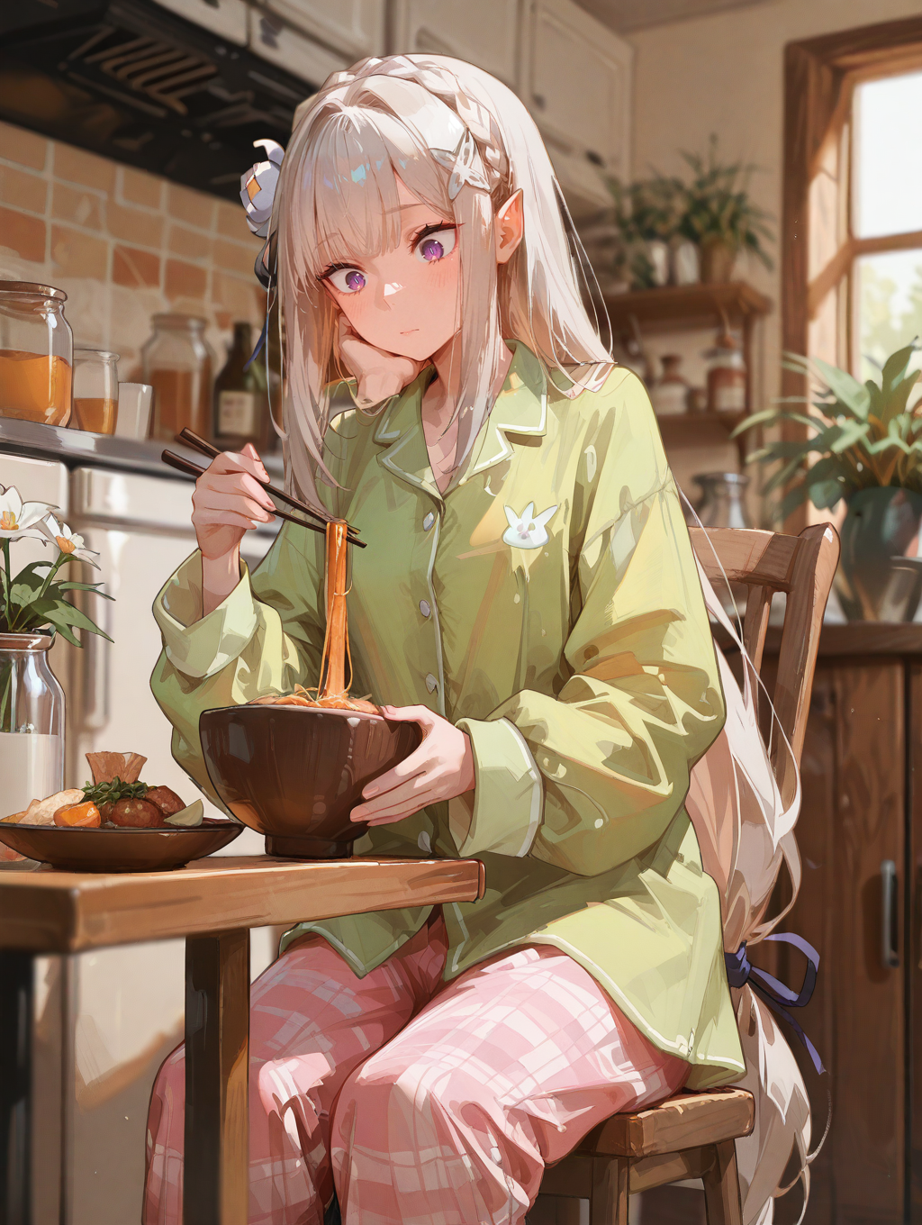 perfect quality,high quality,masterpiece,best quality,amazing quality,very aesthetic,absurdres,newest,looking_down,
EmiliaCYQL,1girl,elf,long hair,very long hair,bangs,grey hair,braid,crown braid,low-tied long hair,hair ornament,x hair ornament,flower,hair flower,white flower,ribbon,hair ribbon,purple eyes,pointy ears,
indoors,chair,sitting,plaidshirt,bowl,holding,shirt,table,kitchen,jar,greenshirt,bottle,plant,pants,plaid,food,holdingbowl,collaredshirt,longsleeves,antennae,onchair,refrigerator,window,pajamas,cup,closedmouth,chopsticks,pottedplant,stool,blurry,,
<lora:Emilia_Illustrious by Cyql:1>,<lora:ponyv4_noob1_2_adamW:0.7>,<lora:spo_sdxl_10ep_4k-data_lora_webui:0.6>,<lora:USNR STYLE_XL_lokr:0.45>,<lora:illustrious_all_rated_v1:0.7>,<lora:96YOTTEA-WAI:0.8>,