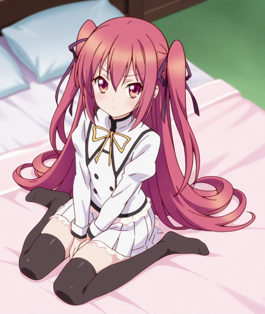 1girl,
BREAK solo,
BREAK wearing clothes,closed mouth,looking_at_viewer,
BREAK from above,full body,
BREAK
on bed BREAK
BREAK
BREAK
BREAK
BREAK anime coloring,
BREAK <lora:seirei tsukai no blade dance:1>,claire rouge,school uniform,wariza,