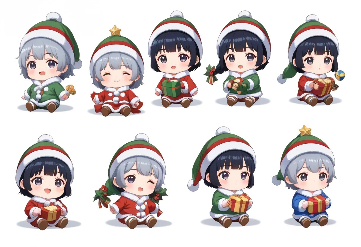 chibi solo, 1girl, medium black hair fluffy blue hanfu, wide long sleeves white hanfu, funny, chibi sitting, infant, toddler,
Fat chibi open christmas gifts, medium, baby, infant, toddler,
 Toy plushie, opened mouth, smile, giggled, white background, christmas party, chibi, chibi, infant, force side view, force from side,