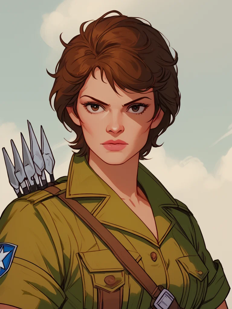 score_9, score_8_up, score_7_up,  1girl, solo masterpiece, <lora:Lady_Jaye_RAH_Pony:1> ladyjaye, rah, short hair, brunette, lips, olive uniform, [open collar], short sleeves, javelin quiver, gloves,  belt, upper body