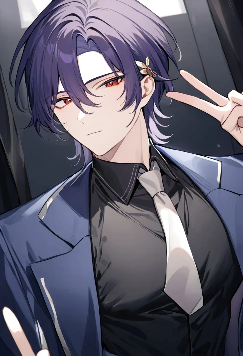 solo, male focus, dr. ratio, masterpiece, best quality, very aesthetic, absurdres, 1boy, v, black shirt, black vest, blue jacket, closed mouth, collared shirt, hair between eyes, hair ornament, looking at viewer, male focus, necktie, official alternate costume, open clothes, open jacket, parted bangs, purple hair, red eyes, shirt, short hair, sidelocks, solo, upper body, vest, white necktie,