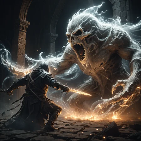mage fighting a huge ghost made of mad-wsps in dark dungeon, Bosstyle, dynamic pose, cinematic shot, dramatic lighting<lora:Wisps_of_Light_SDXL:0.5> <lora:XL_boss_battle:0.8> 0.6>, masterpiece, best quality, ultra high res, (photorealistic, realistic:1.2), deep shadow, raw photo, film grain, Fujifilm XT3, 8k uhd, dslr