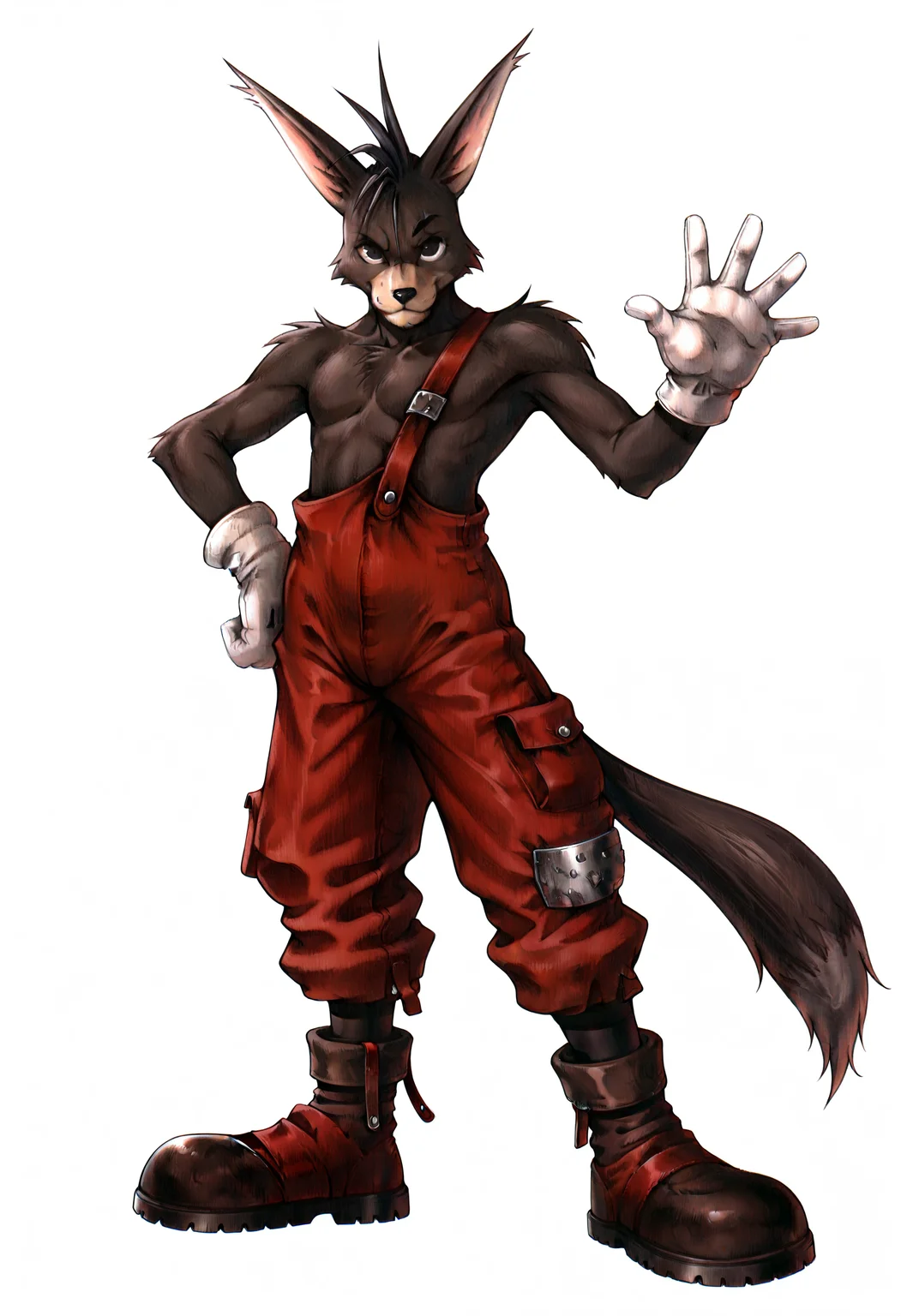 best quality, newest, absurdres, highres, (masterwork, masterpiece, best quality, hyper-detailed :1.3),   1boy, solo,  
 
w0lf, red overalls, black eyes, tail, 


,white background, plain background, ff7,