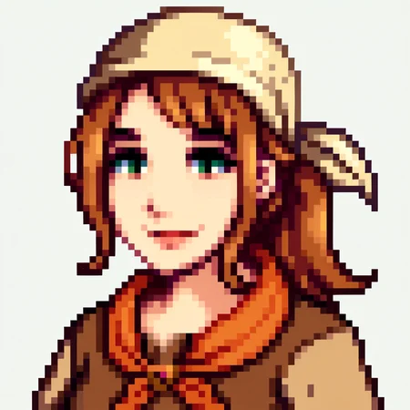 score_9, score_8_up, score_7_up, source_anime, BREAK, solo, 1girl, smile, looking at viewer, <lora:Stardew-Valley-Portraits-pdxl_Fp:1>, portrait, simple background, pixel art, white background,  <lora:Fates-villager-maiden-pdxl_Fp:0.8>, fatesvillagemaiden, ponytail, bandana, brown hair, green eyes, brown shirt, long sleeves, neckerchief,