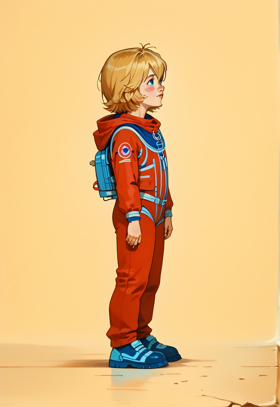 score_9, score_8_up, score_8_up, perfect drawing, sharp lines, absurdres, 
1girl, solo, alisattp, (full body:1.2), 
blonde hair, blue eyes, blush stickers, hair between eyes, bangs, red bodysuit, spacesuit, short hair,
Dynamic lighting, shading, detailed, from side,  thighs, feet, standing,
simple background,  looking up,
1980s \(style\),
d3t41l3d,  <lora:d3t41l3dXLP:0.6>, <lora:alisattp_pdxl:1>
