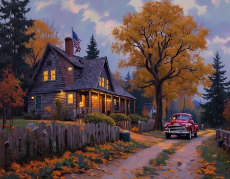 <lora:OBä¸ä¸çºªæ²¹ç»v1.1:1> OByouhua, oil painting
oil painting of american style house, porch, american flag, oak tree, pickup truck foggy, cloudy sky, pine trees, window lit, fall season, yellow leaves, cozy, trash bis by the road,