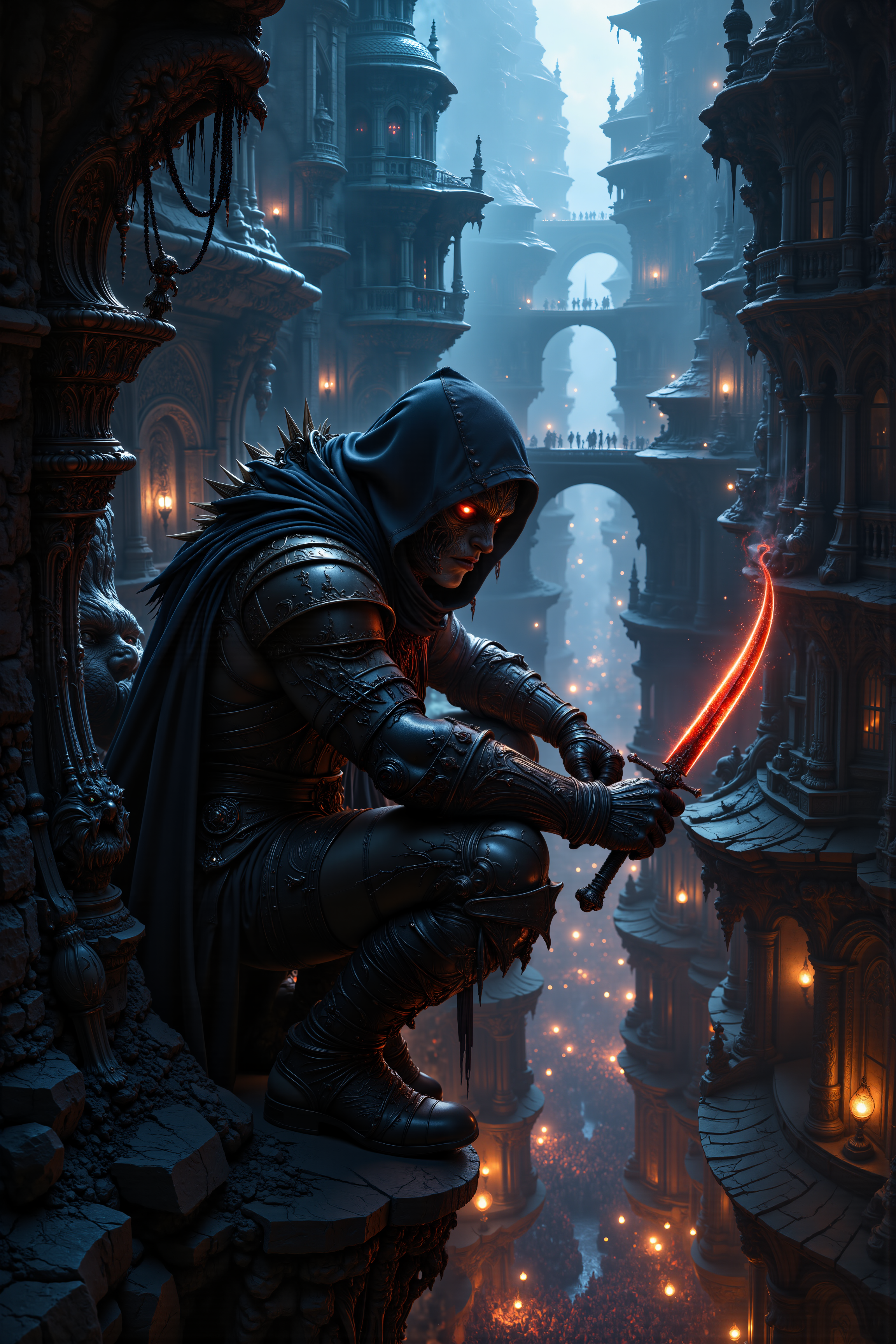 A hyper-realistic portrait, photorealistic photo close-up image of  Within the bowels of a colossal, underground city, a rogue with coal-black skin and sharp, glowing red eyes perches atop a crumbling stone gargoyle, overlooking the labyrinthine streets below. His leather armor, patched and worn from countless battles, clings tightly to his lean frame, blending into the shadows that stretch across the narrow alleyways and towering, stone buildings. Above, the ceiling of the cavern is barely visible, obscured by a thick layer of smoke and mist that swirls in slow, languid patterns, illuminated only by the occasional flicker of neon signs and torchlight. The air is heavy with the scent of damp stone and burning coal, and the distant sound of hammers striking metal echoes through the cavern like the heartbeat of the city itself. Below, the streets are alive with the murmur of merchants, thieves, and scavengers, their faces half-hidden by hoods and masks as they move through the labyrinth like ghosts. The rogueâs eyes scan the crowd, searching for his next target, his sharp senses attuned to every movement and sound. His dagger, glowing faintly with a deep, crimson light, rests in his hand, ready for action at a momentâs notice. The scene is one of quiet tension, where the shadows and light play a dangerous game of cat and mouse. (photography, high-resolution, dynamic, energetic,hyper-realistic, dramatic lighting, shallow depth of field.), detailmaximizer, MythP0rt<lora:midjourney_whisper_flux_lora_v01:0.55><lora:aidmaMJ6.1-FLUX-V0.1:0.4><lora:FluxMythP0rtr4itStyle:0.4><lora:detailed_flux_ntc:2.2><lora:aidmaImageUpgrader-FLUX-V0.1:0.65>