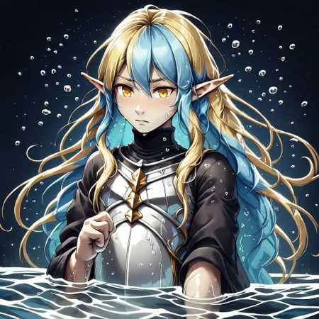yum4rt, Lapanya, 1 person, pointy ears, 3 fingers 1 thumb, ((Underground cavern background)):1.5, ((snout nose)):1.0, flat chest, light skin, yellow irises, ((two-tone hair, light blue hair, blonde undertones)), wavy hair, long hair, ((chubby build, chubby face)), long sleeved black robe, white armor, wet hair, wet clothes
Close up, dynamic view, Standing hip-deep in water, ((water droplets rising up, water tendrils rising up))
((clean lines, source: anime, detailed fingers, high quality, best quality, masterpiece, rating: g score: 9, score: 8 up))