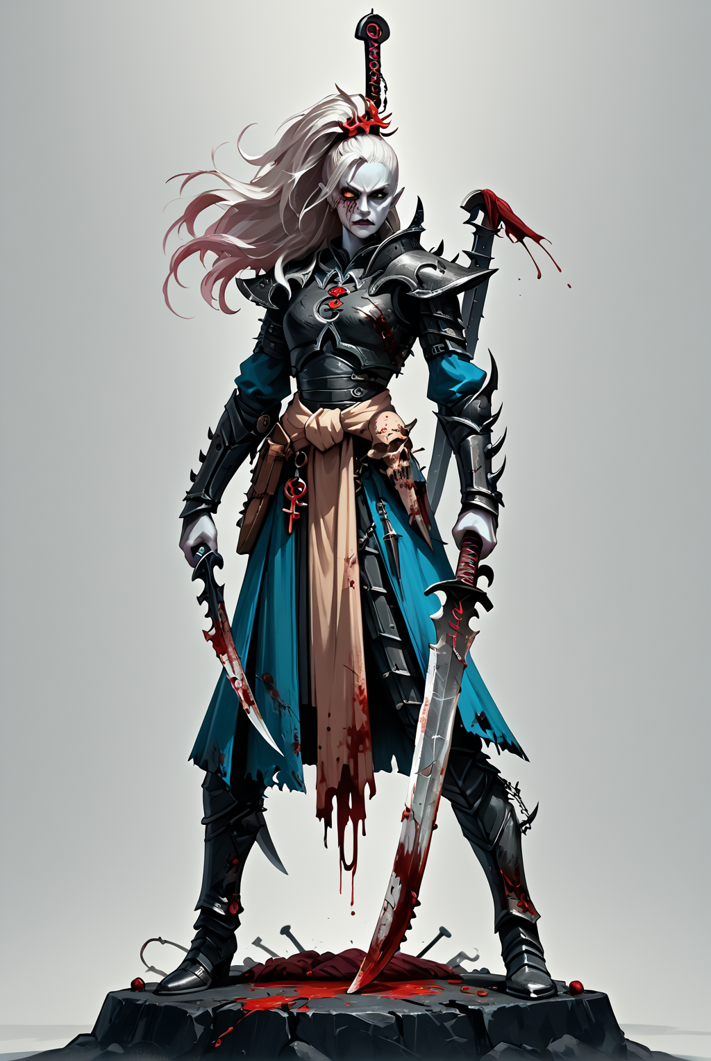 score_9, score_8_up, score_7_up, score_6_up, score_5_up, score_4_up, source_anime, <lora:aeldari_Pony_2:1> aeldari, drukhari, standart drukhari, full black drukhari's armor, 1girl, armor, blood, colored_skin, dagger, holding_sword, holding_weapon, jewelry, long_hair, sword, weapon, pale skin, ((black armor)), full body, one drukhari girl Stand on a huge pile of bloody corpses of people, dead bodys, one lag stand on dead head, A bunch of corpses