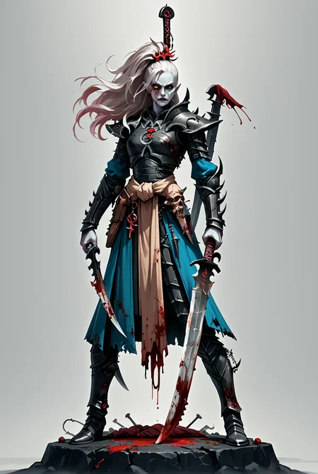 score_9, score_8_up, score_7_up, score_6_up, score_5_up, score_4_up, source_anime, <lora:aeldari_Pony_2:1> aeldari, drukhari, standart drukhari, full black drukhari's armor, 1girl, armor, blood, colored_skin, dagger, holding_sword, holding_weapon, jewelry, long_hair, sword, weapon, pale skin, ((black armor)), full body, one drukhari girl Stand on a huge pile of bloody corpses of people, dead bodys, one lag stand on dead head, A bunch of corpses