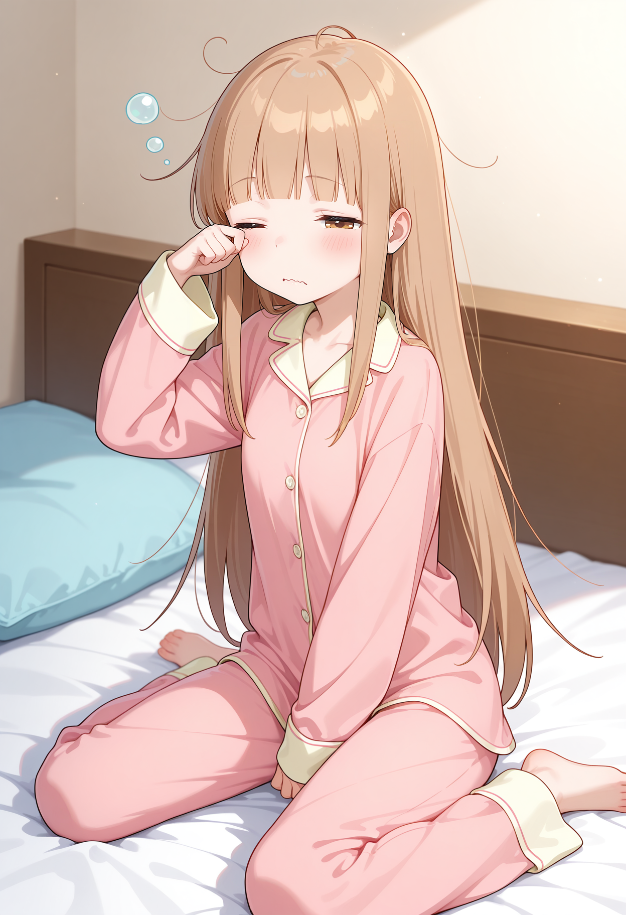 best quality, masterpiece, 1girl, aamiyano, long hair, brown hair, blunt bangs, brown eyes, <lora:miyano_(tanakeda)_ilxl_v1:0.9>, on bed, sleepy, half-closed eyes, rubbing eyes, pajamas, wariza, wavy mouth,