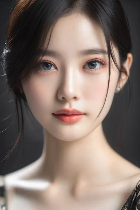 <lora:KimA-won-000002:1>, a stunning real large breasts Japanese woman with long, flowing dark hair, her piercing gaze directly addressing the viewer. score_9, score_8_up, score_7_up, 4k, high quality, (best quality:1.1), realistic, photorealistic, close-up, upper body, (ultra HD quality details), High Fashion, A highly detailed, realistic digital painting of a Korean woman 28yo with a pale complexion, dark straight hair in an elegant updo with a few loose strands framing her face, intricate makeup , deep black lips, wearing a high-collared garment with floral patterns in a dark, muted palette, against a dark gradient background, emphasizing her enigmatic and mystical aura,, high resolution, rich textures, and contemplative mood. Dark makeup,. Her eyes are a deep piercing and brown, dynamic, dramatic, haute couture, elegant, ornate clothing, High Fashion