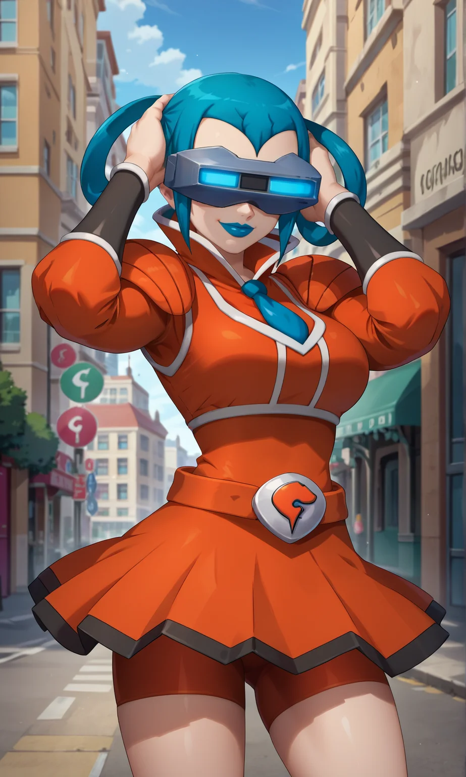 score_9, score_8_up, source_anime, pkmnmable, 1girl, solo, blue hair, short hair, hair rings, blue lips, head-mounted display, glowing, orange shirt, long sleeves, orange skirt, pleated skirt, orange bike shorts, bike shorts under skirt, shoulder pads, blue necktie, belt, team flare, bracers, cowboy shot, outdoors, city, paris, thighs, standing, looking at viewer, cowboy shot, smile, contrapposto, hands on own head, large breasts