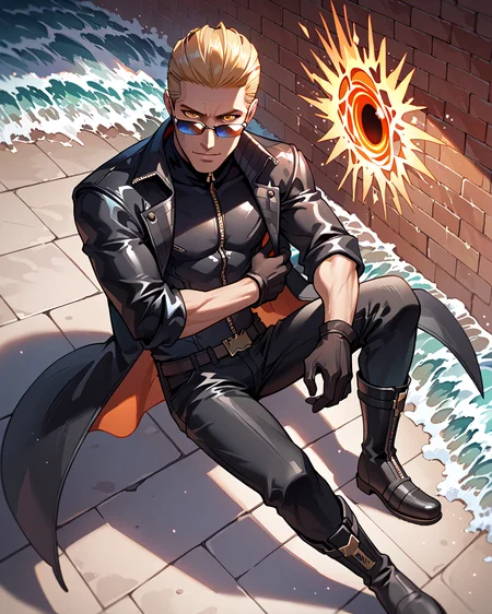 PonyScores7, source_anime, ah1, best quality, (masterpiece:1.4), (high quality:1.4), sharp focus, 4k, absurd resolution, <lora:albertwesker-guy-PONYv1:0.8> albertwesker, albert wesker, 1boy,  blonde, black gloves, (sunglasses:1.3), belt, black coat, black pants, looking at viewer, toned, athletic, fit, slicked back hair, black turtleneck, zipper, mature male, (graphene textured clothes), black boots, (mind control expert, dressed in a sleek suit with a device that emits mind-altering waves), (Street Corner Mural), bad-hands-5, ((happy, :) expression)), <lora:xl_more_art-full_v1:0.2>, <lora:shinyskin2:0.2> glistening skin, <lora:aesthetic_anime_v1s:0.2>, <lora:Expressive_H:0.2> Expressiveh, <lora:hairdetailpxl:0.2> hairdetailpxl, <lora:detailxl:0.2> detailxl, (High Angle view Extreme Close shot (focus on waist)), (focused, intense glare), slit pupils, short hair, (reddish orange eyes), best quality, amazing quality, best aesthetic, absurdres, <lora:expressive eyes:0.2> expressive eyes, <lora:eyedetailpxl:0.2> eyedetailpxl, illustration, Volumetric_Lighting, ultra-detailed, very aesthetic, intricate details, 8k, masterpiece, best_quality, (angular face, sharp_featured face), <lora:Eyes_High_Definition:0.6> EyesHD,