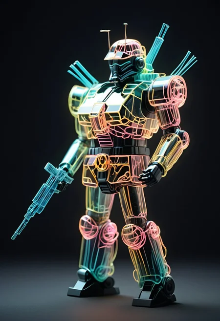 *Blown-Glass* *Fragile* *Delicate* *Dainty* *Brittle* *guncannon_mass_production_type inside glass* *pastel marble table* *made of,tiny neon glass filaments,* *neon filaments* *upper body view* *cowboy shot*