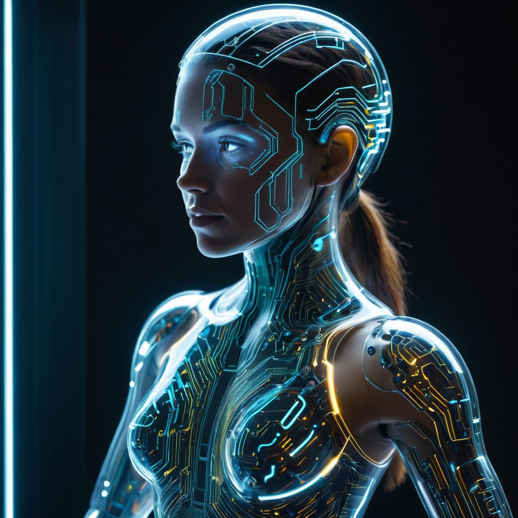 holotech woman, made of glass