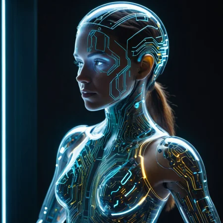 holotech woman, made of glass
