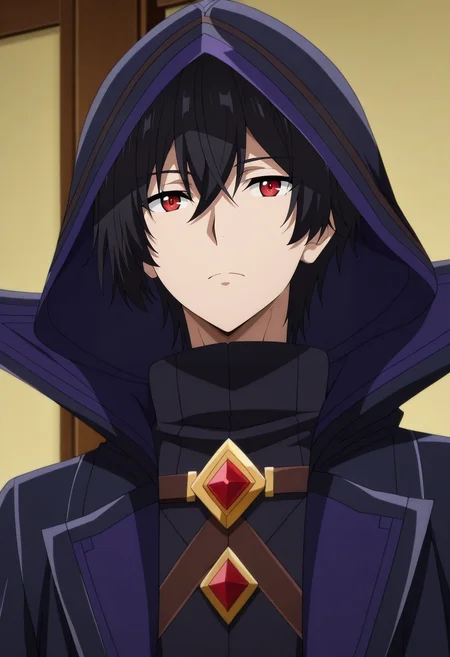 masterpiece, best quality, , anime screencap, anime coloring, official style,, 1boy, solo, male focus, <lora:cid_kagenou_ilxl:0.92>, cid_kagenou, black hair, short hair, hair between eyes, bangs, red eyes, cloak, hood, hood up,