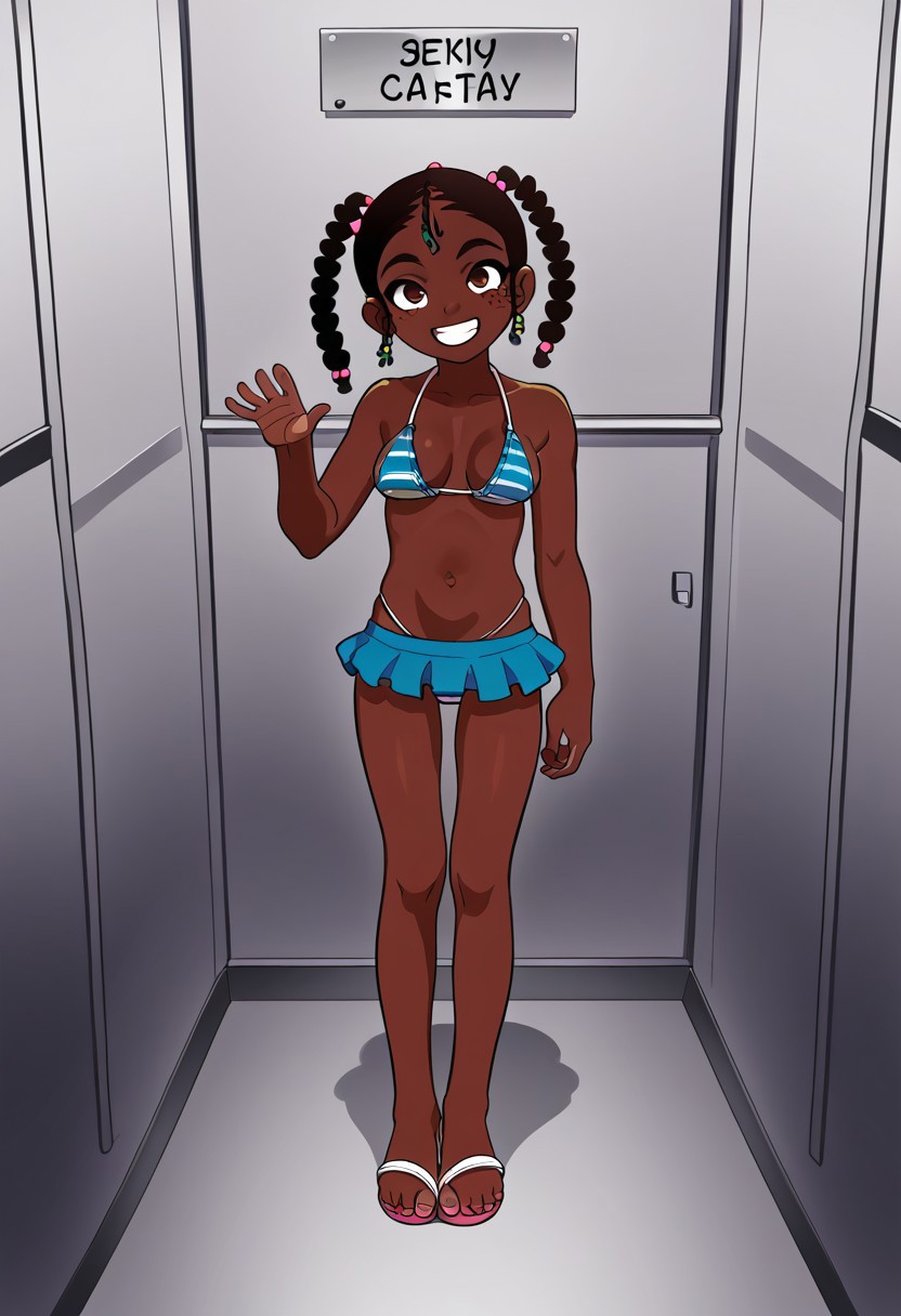 2d, cartoon, flat colours, cartoon, perfect hands,  girl with long dark hair, dark skinned girl, perky tits, perfect hands, 1girl, naughty grin, eyelash, eyebrows, multiple braids with scrunchies, freckles, flip-flops, bikini microskirt, jewelry, elevator interior, skinny, slender, busty, string panties,