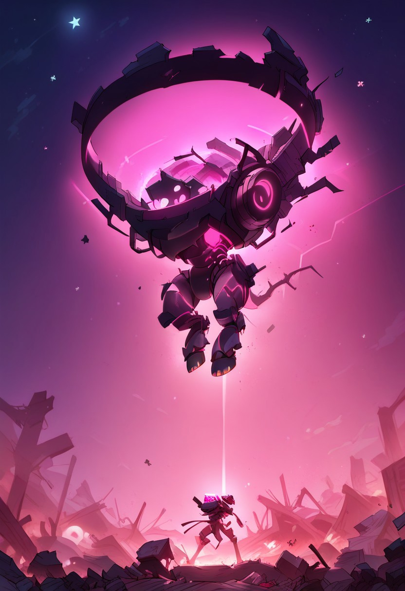 score_9, score_8_up, score_7_up, (((night time, pink lighting)), (dark airfield), giant mech, glowing eyes, (standing), (rubble, falling stars), (depth of field)