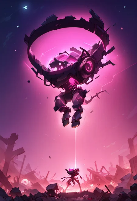 score_9, score_8_up, score_7_up, (((night time, pink lighting)), (dark airfield), giant mech, glowing eyes, (standing), (rubble, falling stars), (depth of field)