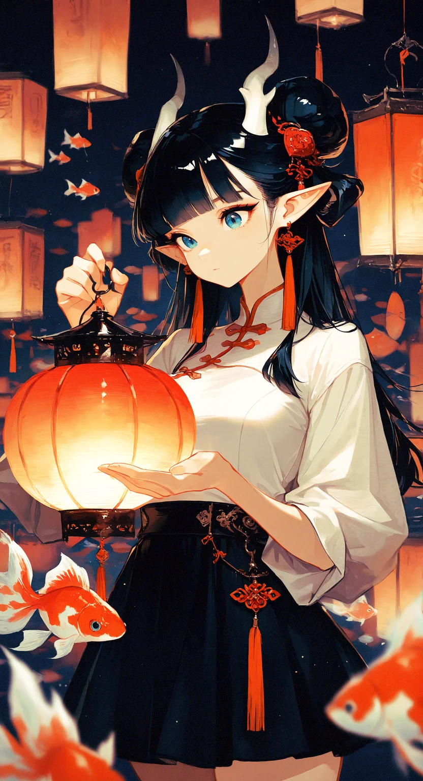masterpiece, best quality, good quality, very awa, very aesthetic, absurdres, newest, 1girl, solo, long hair, blue eyes, black hair, aqua eyes, happy, closed mouth,medium breasts, hair bun, double bun, horns,blunt bangs, looking at object, looking at lantern, holding lantern,bend over, shirt, skirt, long sleeves, ribbon, jewelry, white shirt, short sleeves, earrings, pointy ears, black skirt, puffy short sleeves, chinese clothes, tassel, lantern, tassel earrings, paper lantern, goldfish, tassel hair ornament, koi, flying fishï¼, Blurred foreground,depth of field, cowboy shot,
748cm, <lora:ponyv6_noobV1_2_adamW-000017:0.7> <lora:USNR_STYLE_XL_lokr:0.45> <lora:EtherSDXL:0.15> <lora:wl-illV1-000017:0.7>