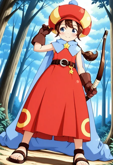 masterpiece,anime_coloring,anime_clothing,amazing_quality, Tokia_DMO, 1girl, gloves, brown hair, ponytail,red yellow hat, star \(symbol\), cape, sleeveless,red dress, long dress,belt,sandals,forest,holding_bow_(weapon),Bow and arrow,close-up face,standing,spread leg,dynamic angle,from_below,smile,blush,