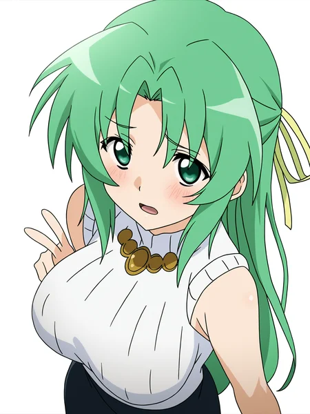 higurashikira, anime screencap, anime coloring, 1girl, solo, sonozaki shion, green hair, long hair, yellow ribbon, half updo, hair ribbon, green eyes, large breasts, simple background, white background, skirt, blush, ribbon, white camisole, upper_body, looking_at_viewer, V, open_mouth, from_above, 
(masterpiece, best quality, absurdres, highres, newest:1.2), very awa, 